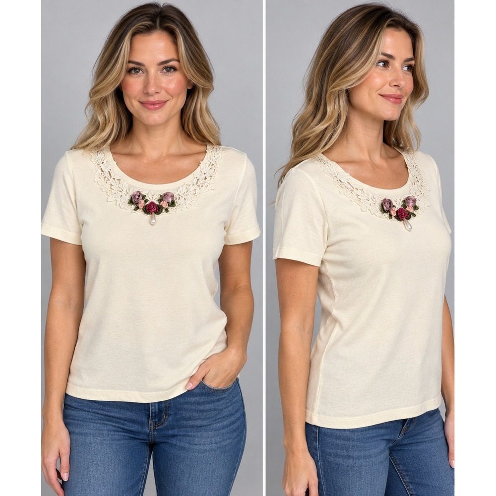 Clifford & Wills Cream Cotton Lace Rose Pearl Trim Short Sleeve Tee Top L